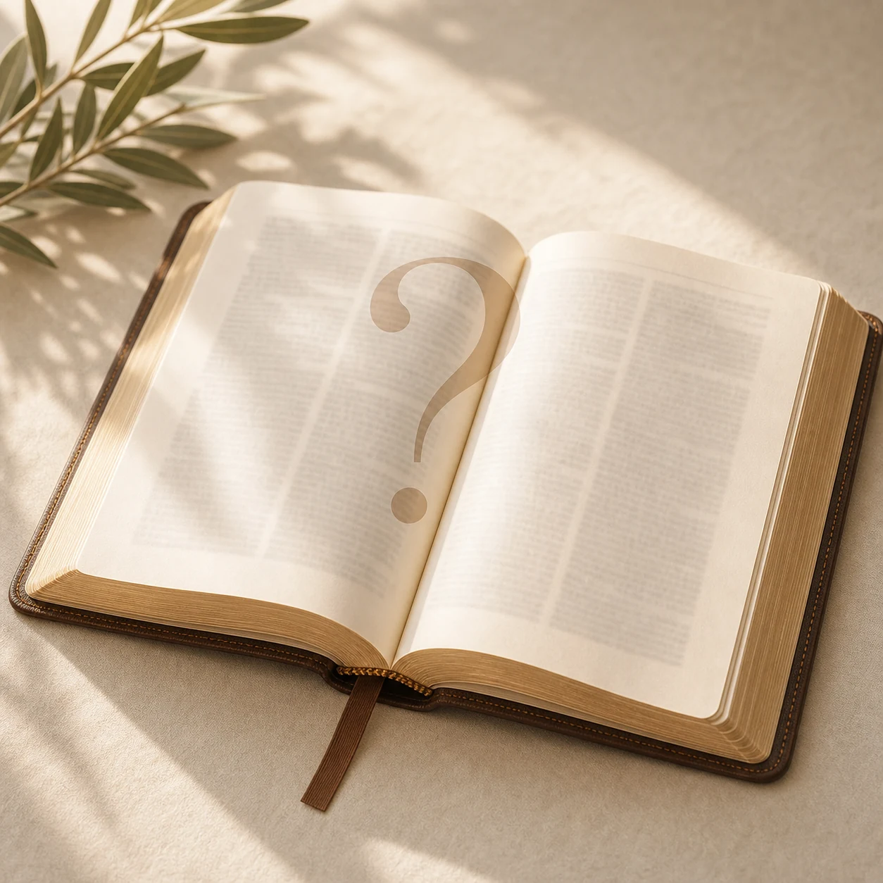 An open Bible with a question mark, respectful lighting