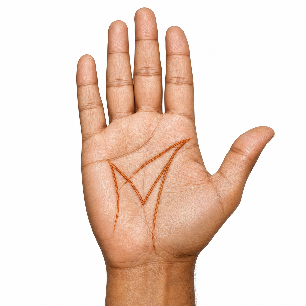 Open palm with the M sign emphasized by copper-brown line markings
