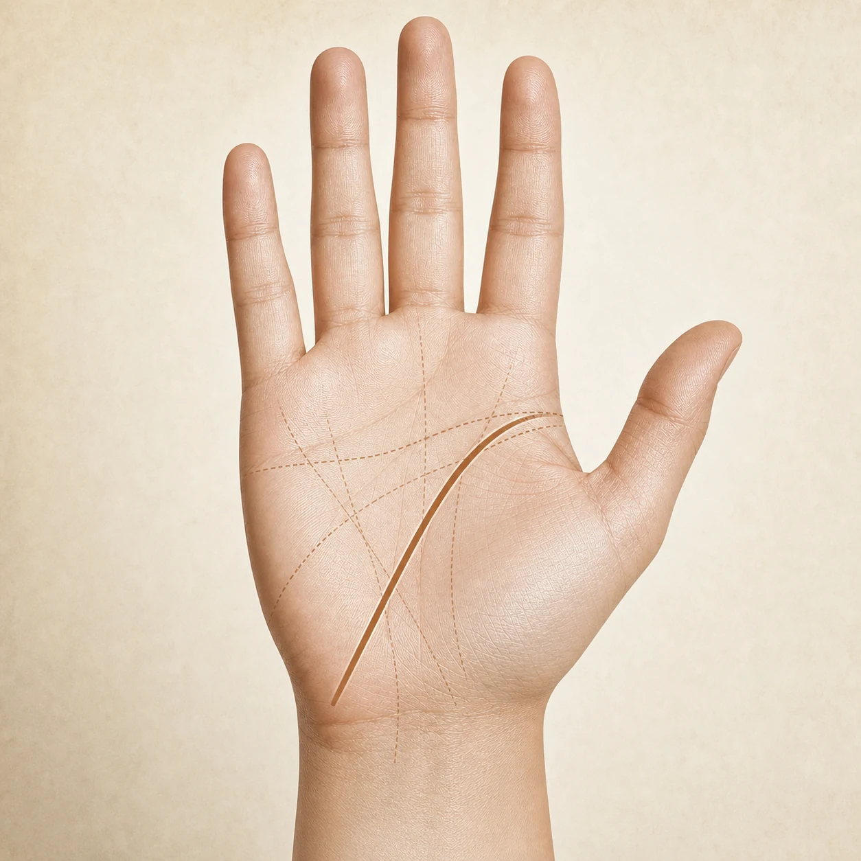 A palm with a simian line highlighted, soft warm lighting