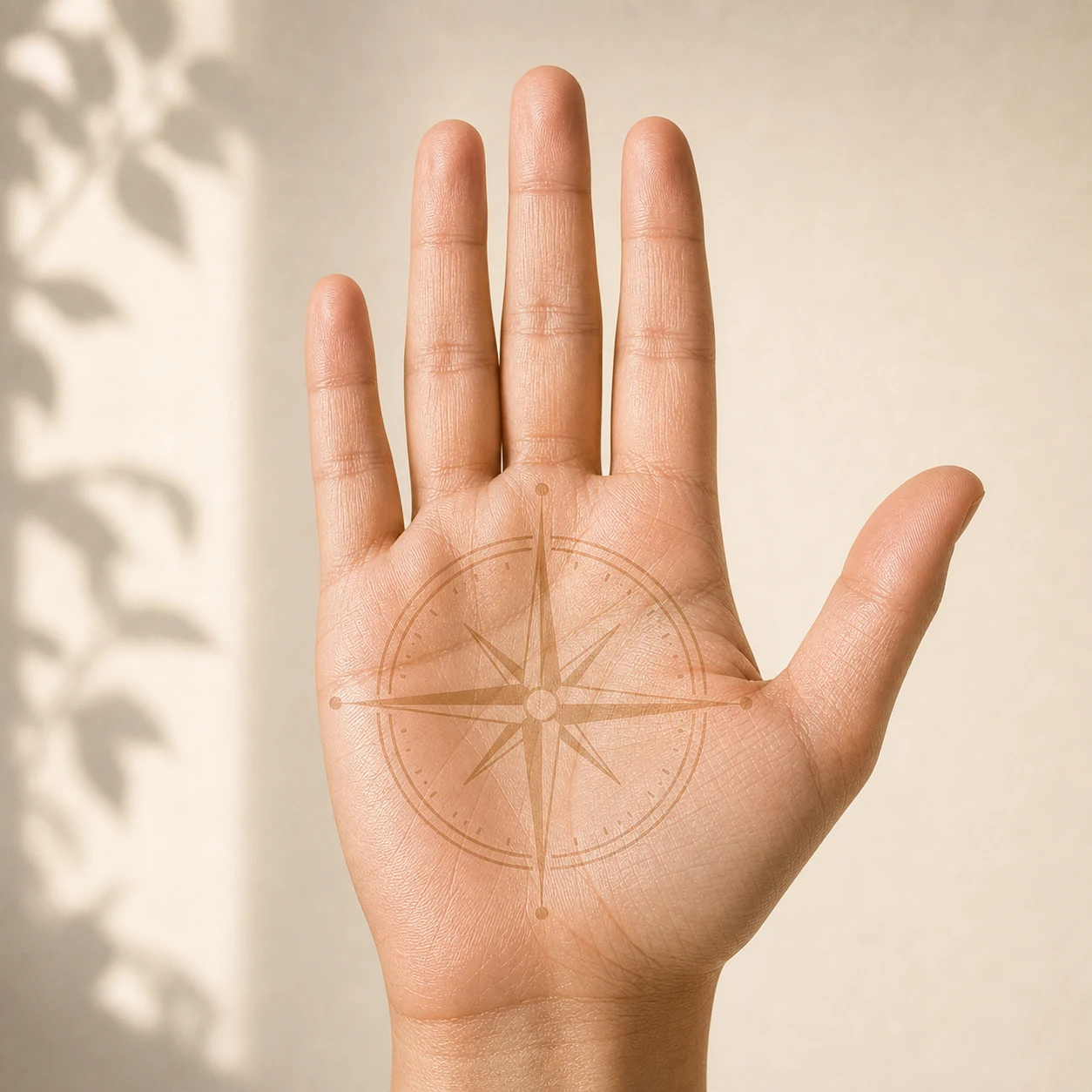 An open palm with a compass overlay, soft warm lighting