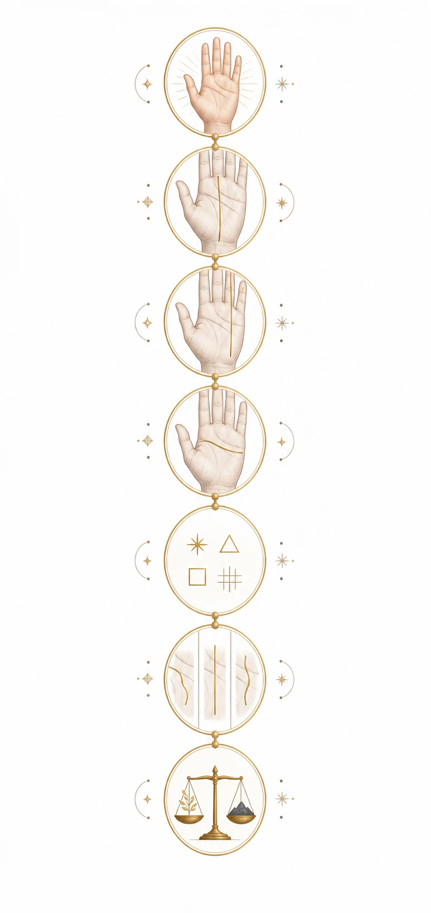 Palm diagram showing the fate line, Apollo line, and heart line
