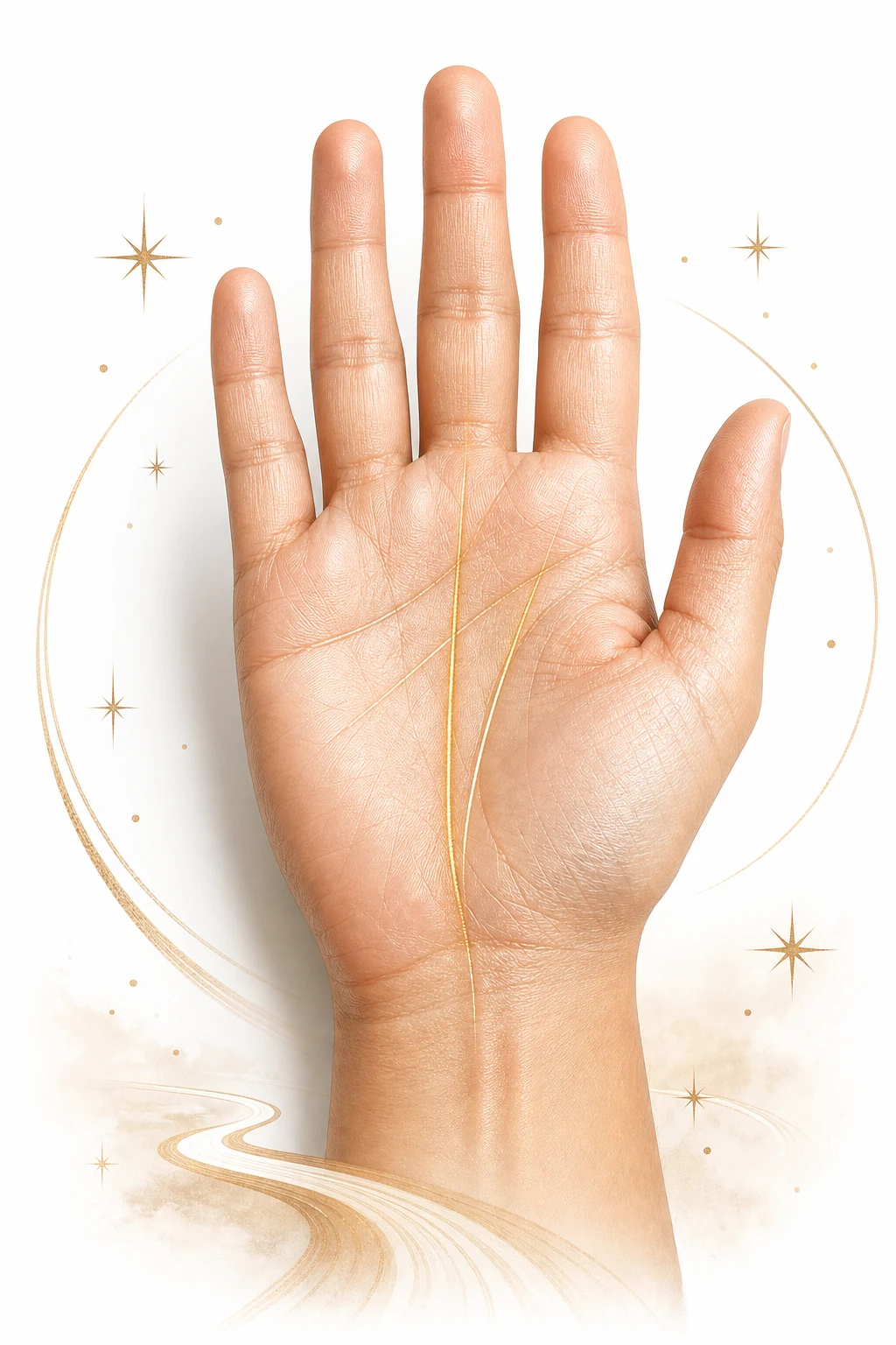 A palm with the fate line highlighted as the luckiest line