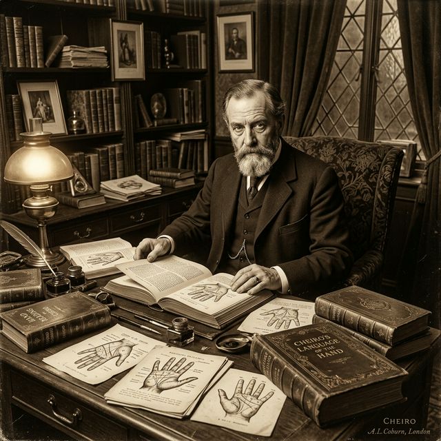 Historical portrait of Cheiro (William John Warner) alongside his vintage hand print books