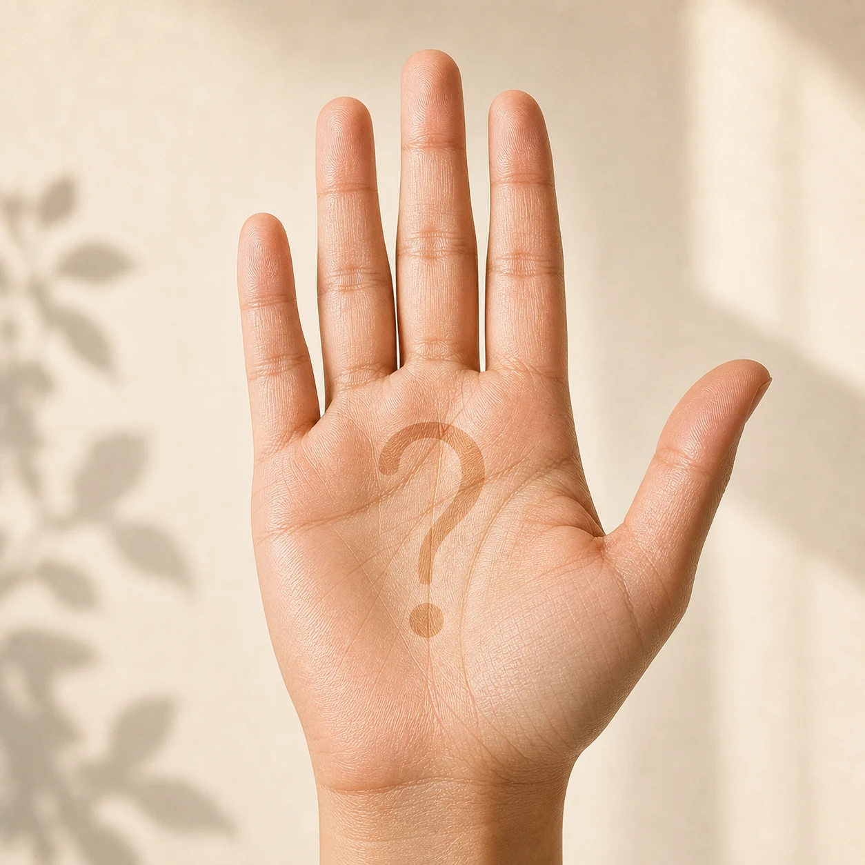 An open palm with a question mark, soft contemplative lighting